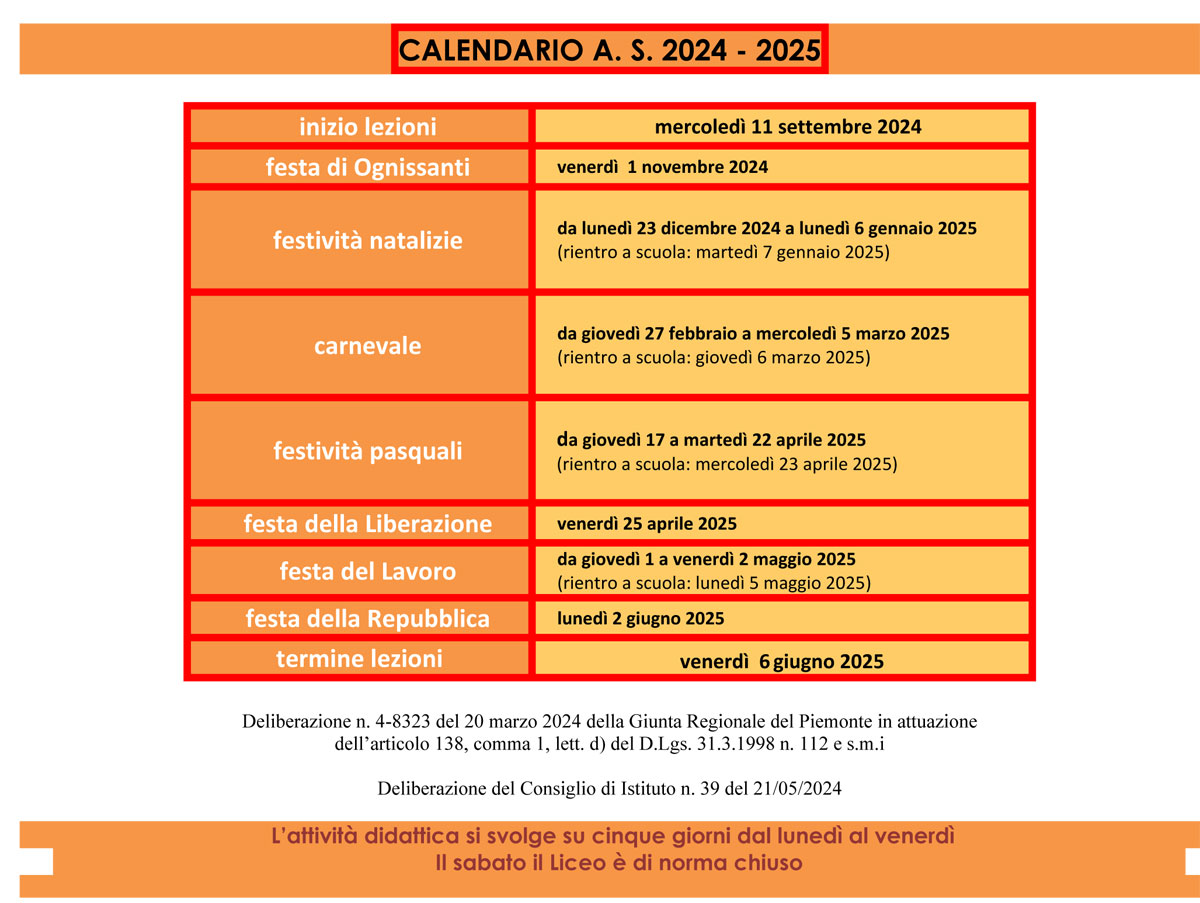 Calendario scolastico Liceo Botta 2024-25